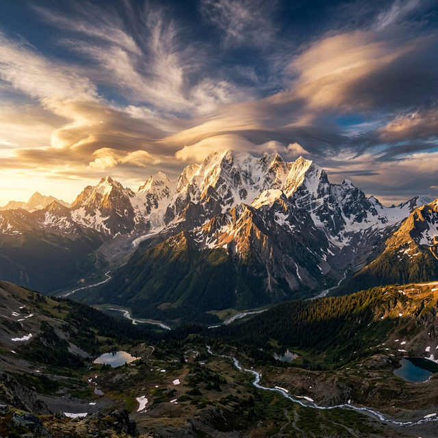 Majestic snow-capped mountain peaks at sunrise with golden light casting long shadows across alpine valleys, dramatic clouds swirling around summits, panoramic landscape photography, pristine wilderness